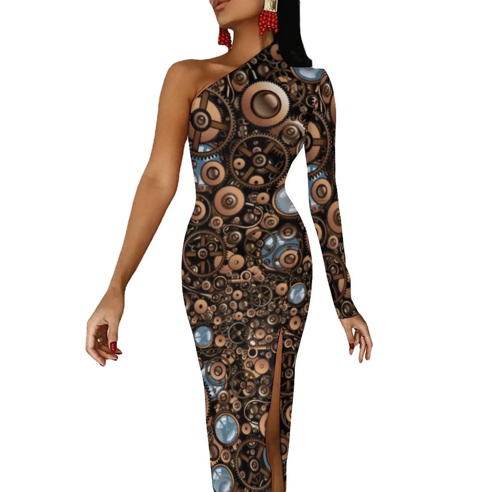 Steampunk Gear Side Split Bodycon Dress Steam Punk Glasses Vintage Style Night Club Maxi Dress Autumn Party Pattern Dresses