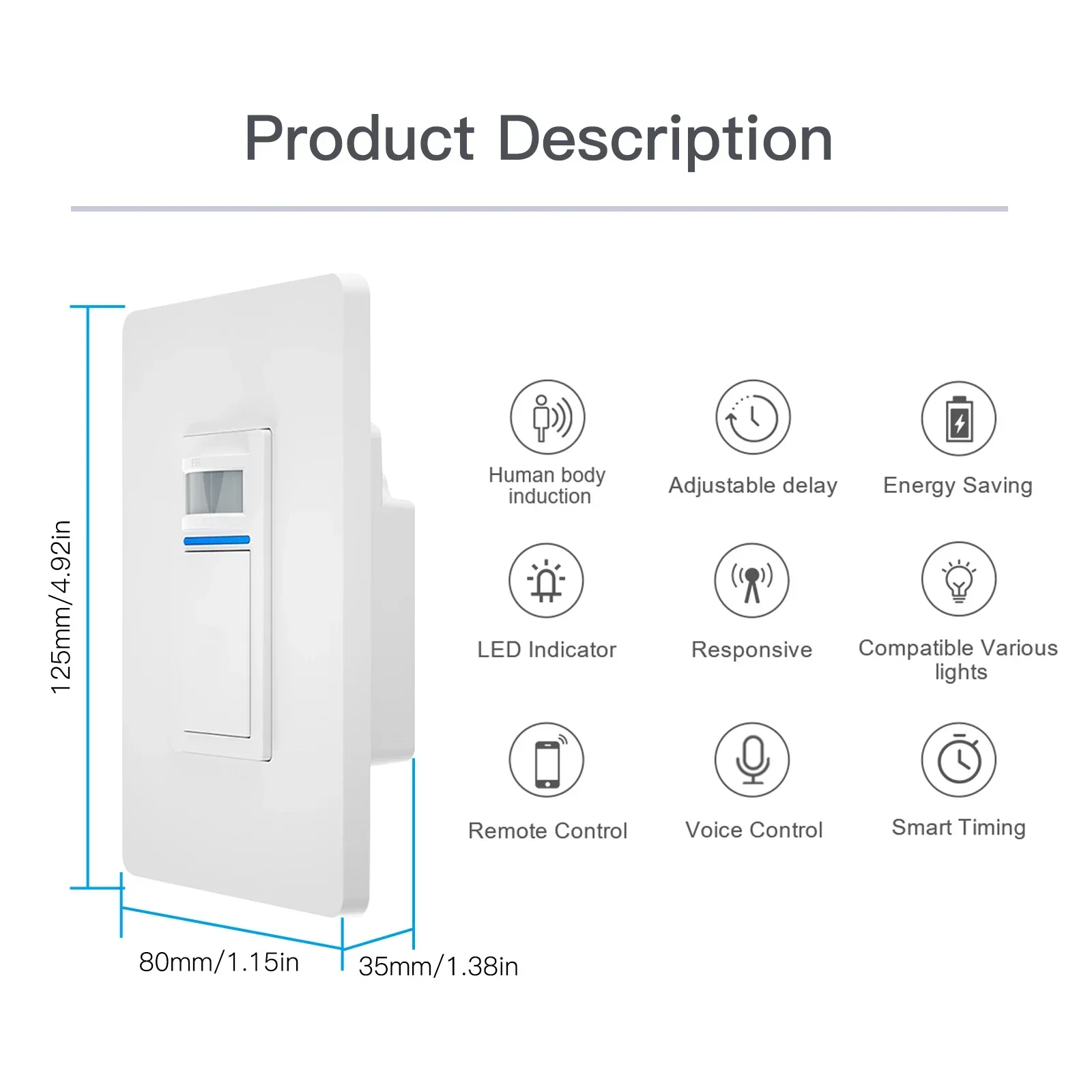 Tuya Smart WiFi PIR Motion Sensor Light Switch Single Pole US Neutral Wire Required Smart Life Work with Alexa/Google Assistant