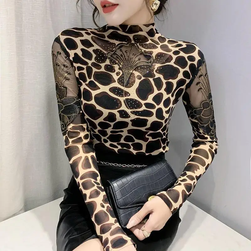 

Летняя корейская одежда, сетчатая футболка, шикарная сексуальная рубашка с воротником-стойкой в стиле пэчворк и вышивкой, женские топы, рубашка с длинными рукавами, футболки