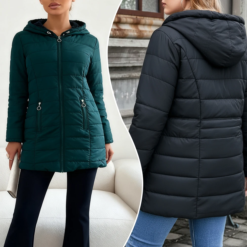 

Женские стеганые куртки 2025, облегающее пуховое пальто, капюшон из искусственного меха, длинный рукав, молния спереди, повседневные базовые куртки