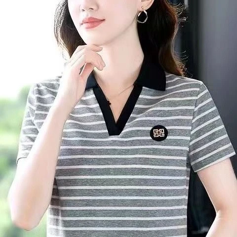 

Полосатая футболка с короткими рукавами, женская летняя рубашка 202, новая рубашка-поло, элегантная свободная корейская версия, тонкий топ с v-образным вырезом и половиной рукава