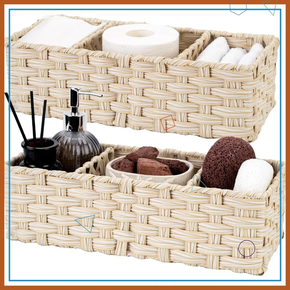 

Водонепроницаемая плетеная корзина для хранения в ванной, органайзер на 3 секции для полок и задней стороны унитаза, 2 шт.