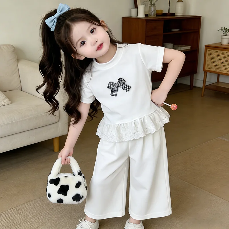 

2026Summer girls' white outfit with bow tie, short-sleeved children's fashion casual wide-leg pants, baby two-piece set