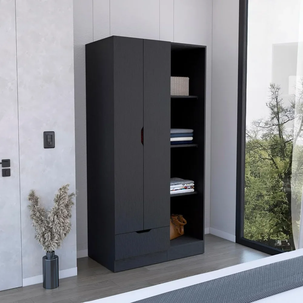 , Wardrobe Armoire with 4-Tier Storage Shelves and 1 Drawer, Closet Storage Cabinet,Clothing Organization