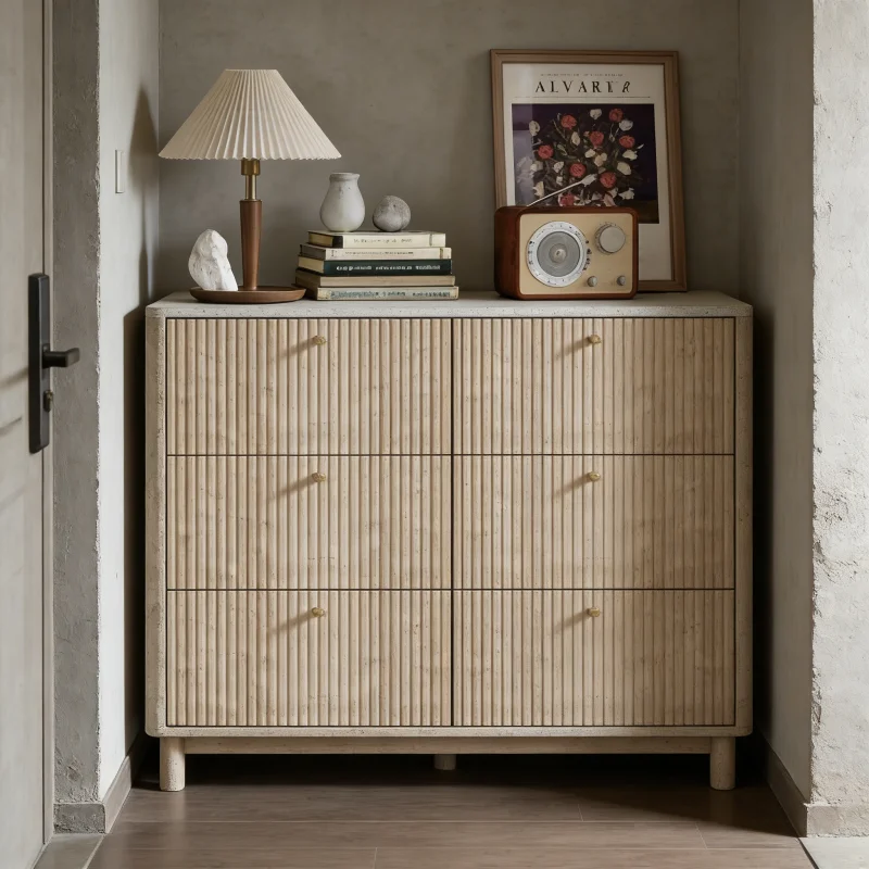 #Modern 6 Wide Drawer Cabinet With Groove Design, Retro Wave Wood Surface, Clothes Storage For Living Room Bedroom