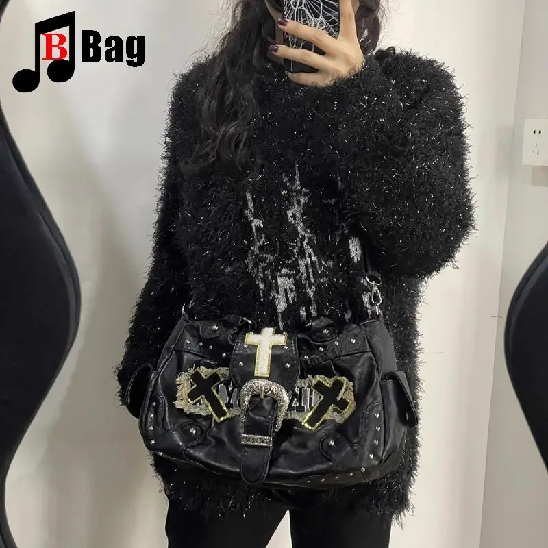 women's handbag Retro metal Men unsex Y2K cool girl Harajuku  Goth punk Versatile lace cross rivet letter cowboy crossbody bag