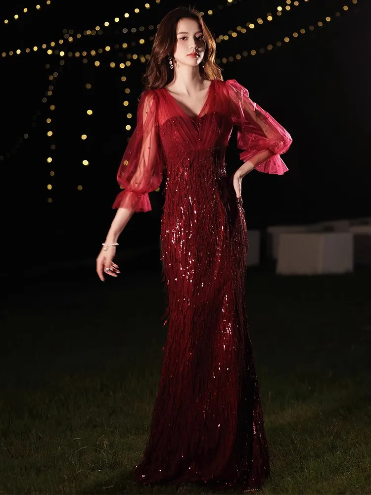 

Ele Long Sve Wedding Dr for Women Slimming Evening Gown Red Color Korean Sle mid Waist Zipper Bal Dr