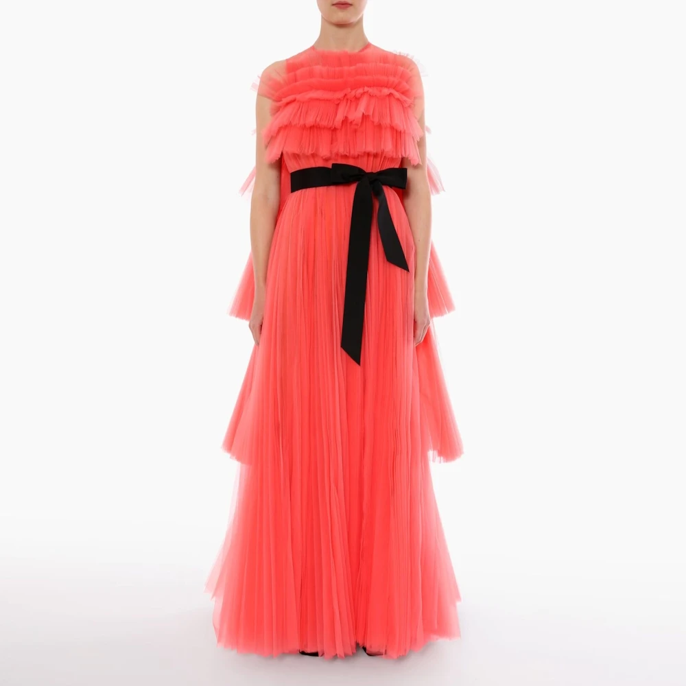 Muloong Bright Coral O Neck A Line Midi Dress Bow Pleated Tulle Overlay Floor Length Special Event Dress Tiered Evening Dress