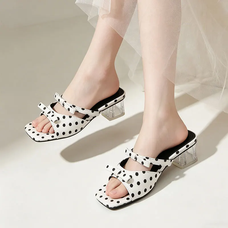 

New Square Toe Slides Shoes Woman Summer Classic Polka Dots Strap Sandals Womens Transparent Heels Pumps Ladies Backless Sandals