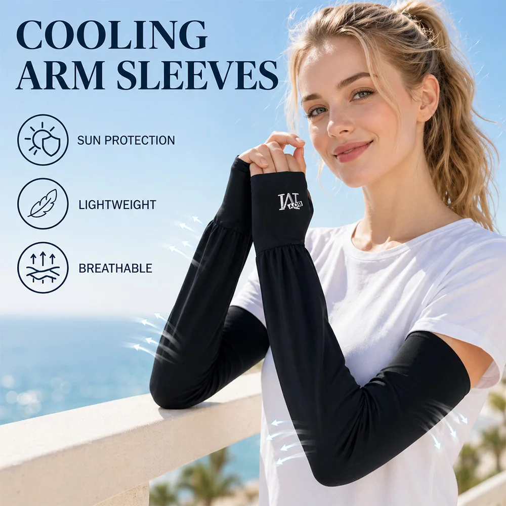 

Loose-fit cooling arm sleeves with finger holes, embroidered logo, ice silk breathable arm sleeves for driving and cycling