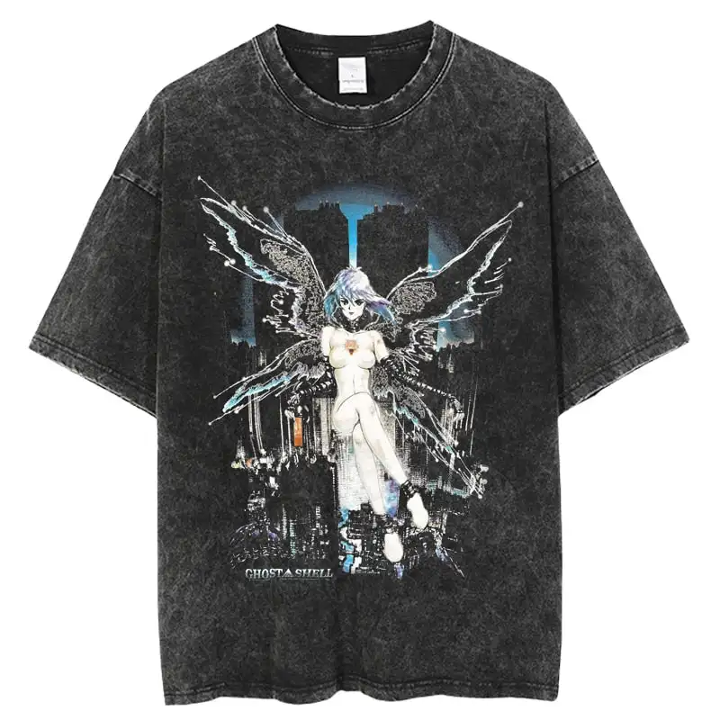 Camisetas de Anime The Ghost in The Shell, ropa de calle Vintage lavada Kusanagi Motoko, Vintage, Unisex, de gama alta, de lujo, de gran tamaño