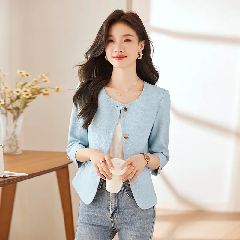 2024New Sky Blue round Neck Suit Jacket for Women Short Spring and Autumn Small Western Style Socialite Top