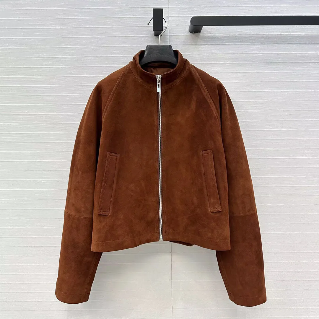 最高品質 100% スエード羊革ジャケット女性スタンドカラージッパー長袖バックワイドベルトレトロ本革ショートコート