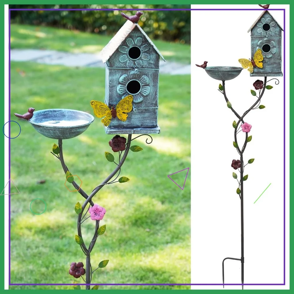 57" H Metal Bird Bath & House 2-in-1 for Garden Yard Decor