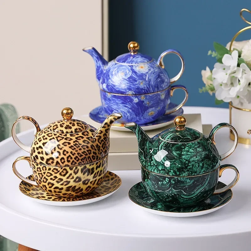 

Creative Bone China Coffee Pot and Cup Plate Set British Leopard Pattern Blue Green Porcelain Afternoon Tea Cup with Gift Box