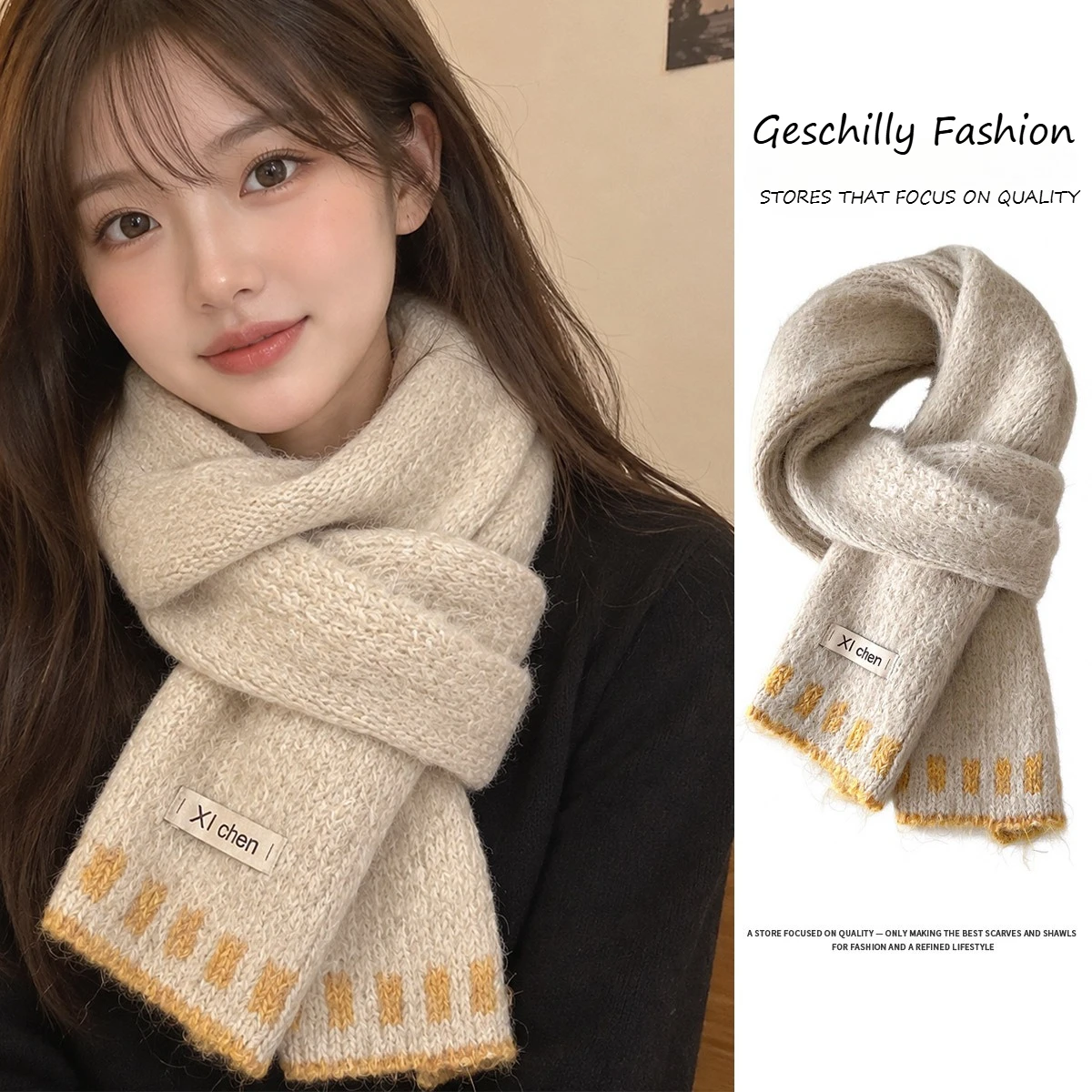 Women Winter Fall Knit Scarf Mohair Fuzzy Yarn Warm Soft Oatmeal Beige Long Skinny Scarf Korean Style Cozy Stylish Gift
