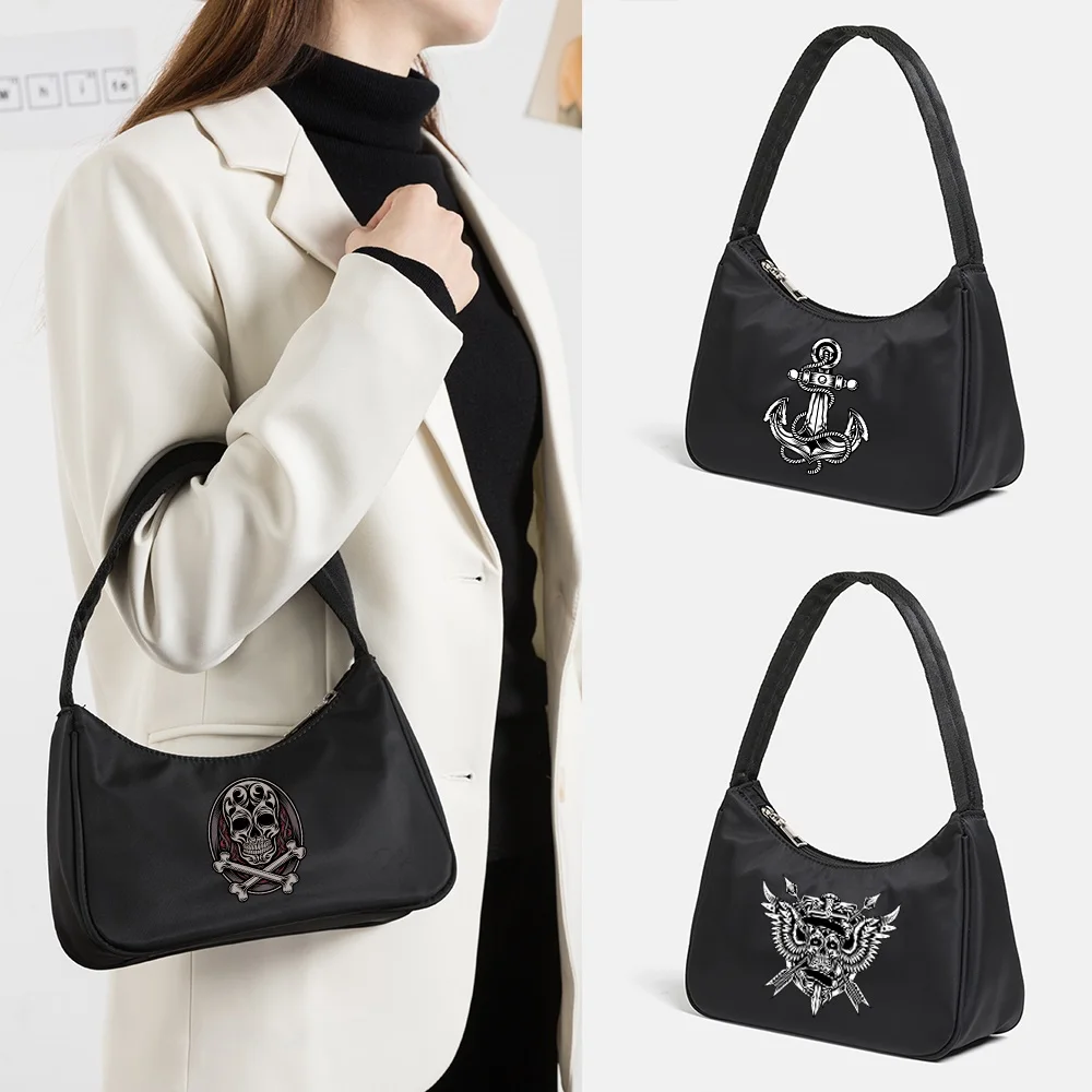 

Nylon Underarm Bag New Black Skull Series Fashion Single Shoulder Bags Large Capacity Cosmetic Organizer Handbags