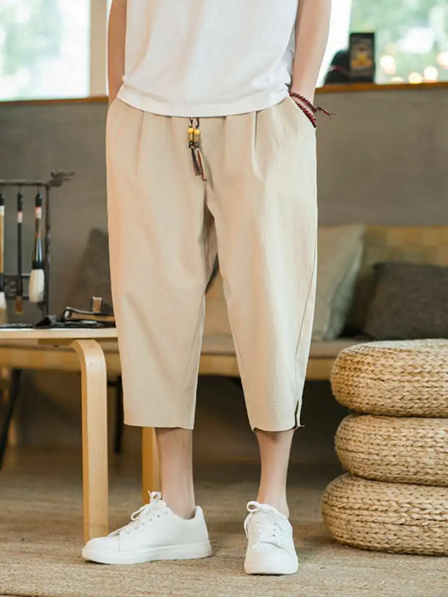 

New Cotton Linen Loose Harem Pants Men's Casual Thin Breathable Summer Linen Sports Shorts High Waist Seven-Foot Pants