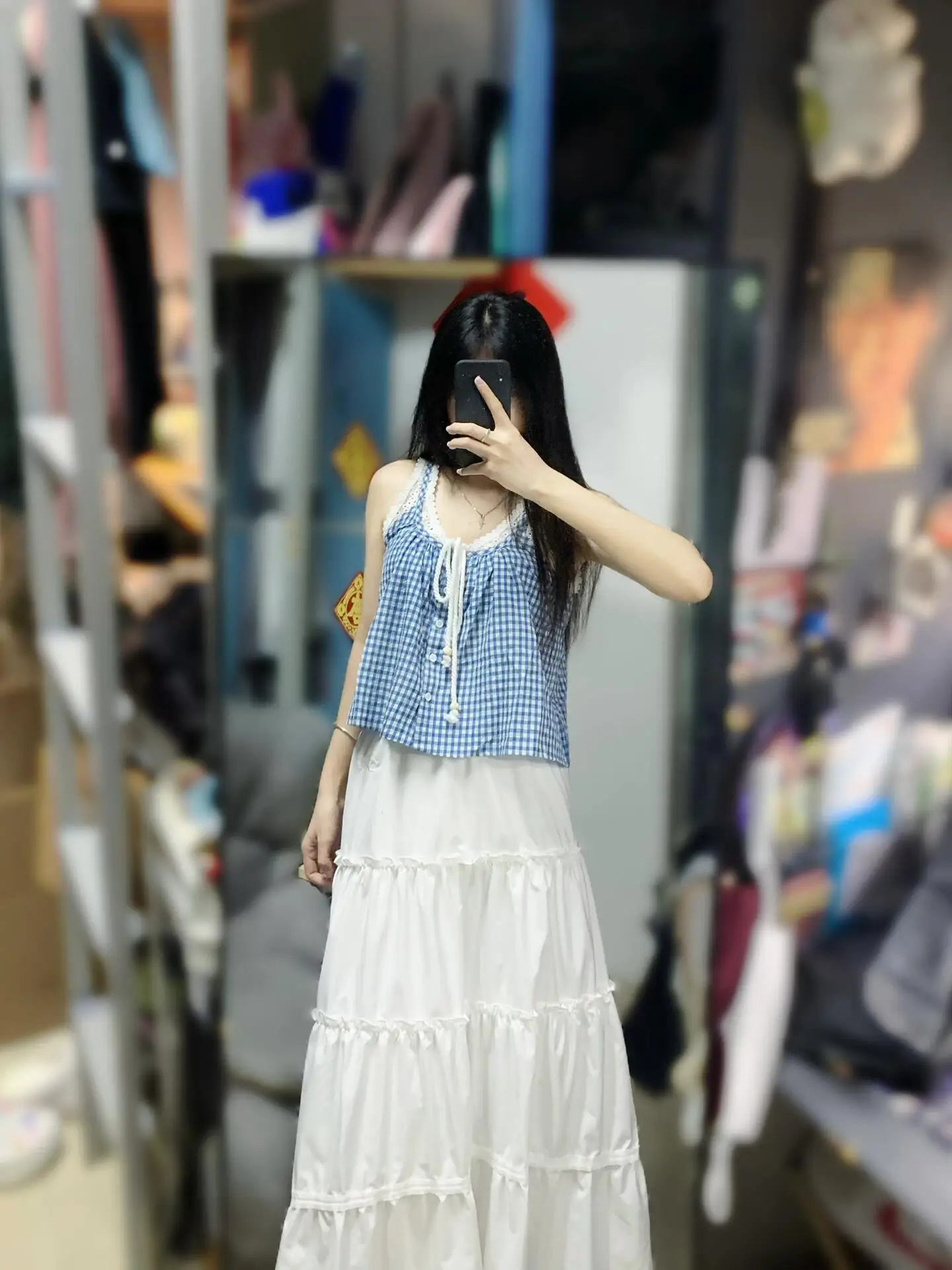 เสื้อกั๊กสายเดี่ยวลายสก็อตสีน้ำเงินสำหรับผู้หญิง ไซส์เล็ก สไตล์เสื้อสองชิ้นหลอกๆ ใส่สบายๆ สำหรับวันหยุด สไตล์หวานๆ บริสุทธิ์ แบบเกาหลี ทรงหลวม