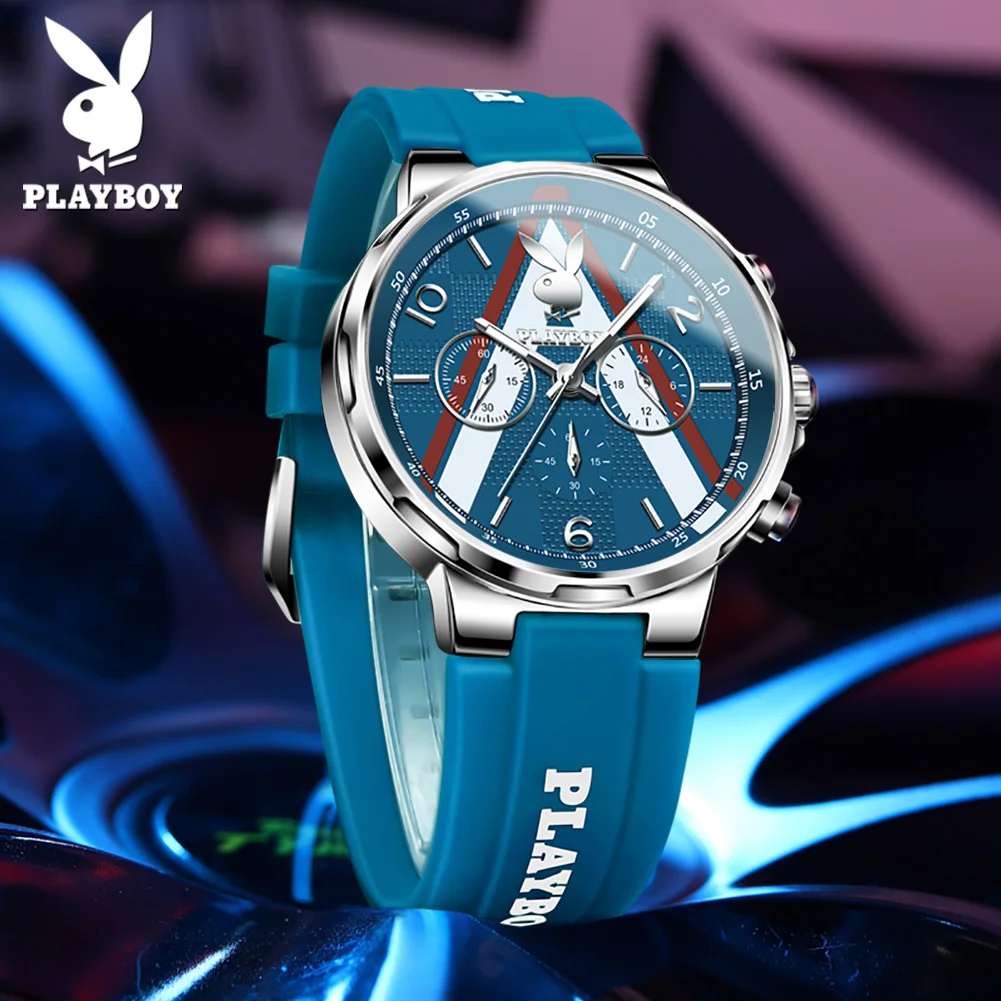 PLAYBOY Sports Chronograph Quartz Watch for Men Fashion Silicone Strap Man Wristwatch Waterproof Luxury Top Brand Men\'s Watches