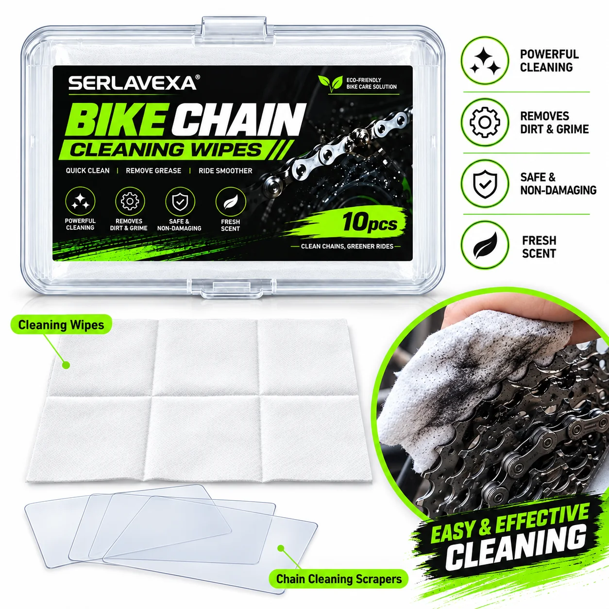 Bicycle Chain Cleaner Wipes Set with 3 Cleaning Plates 10pcs Chain Care Wipes for Road Mountain Bike Gear Drivetrain Maintenance