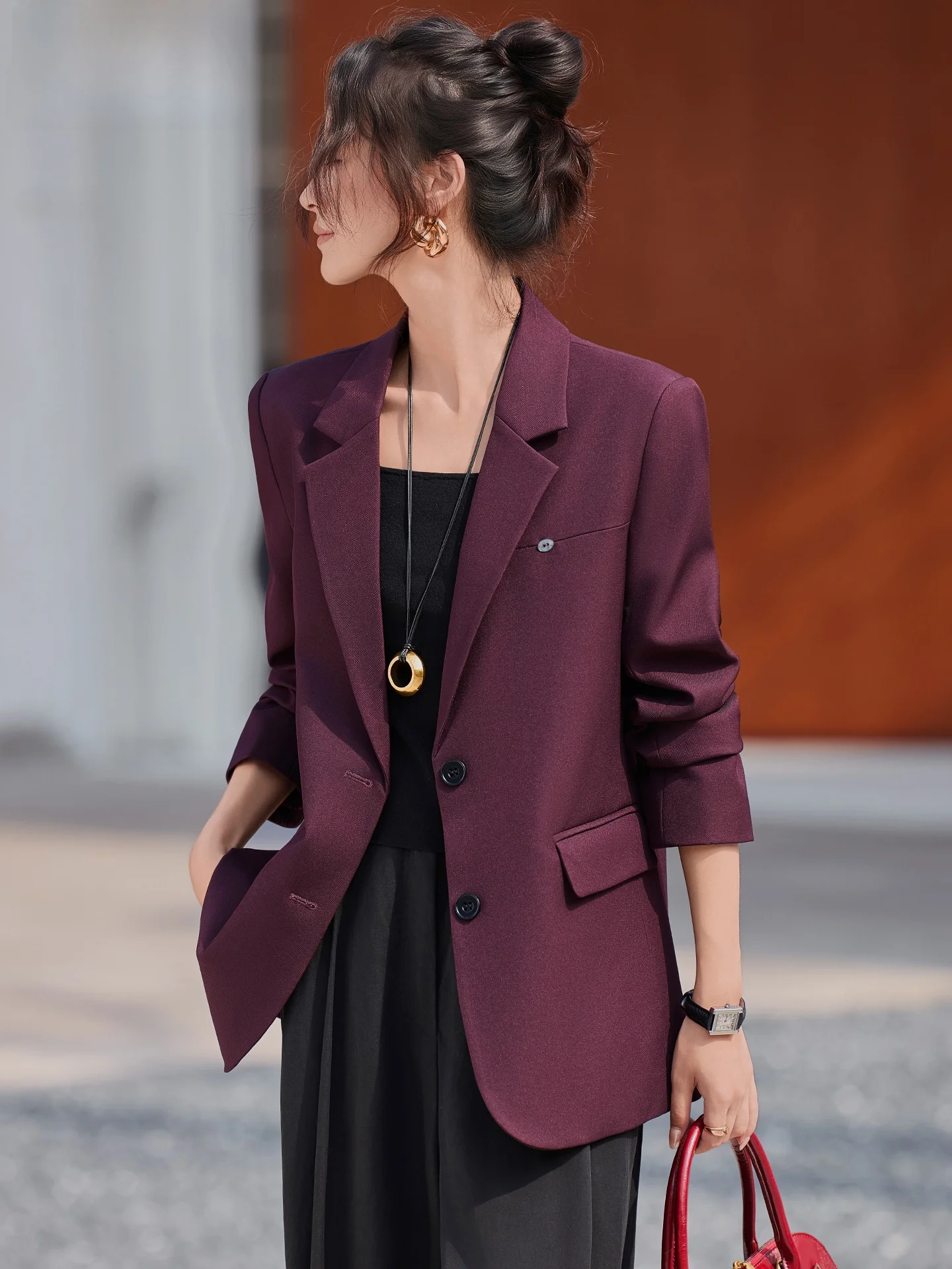 

Костюмный пиджак Ankela красного цвета, женский, весна 2026, новинка, высококачественный, свободный крой, повседневный, в корейском стиле, большие размеры, с пуговицами и карманами, для офиса, полиэстер