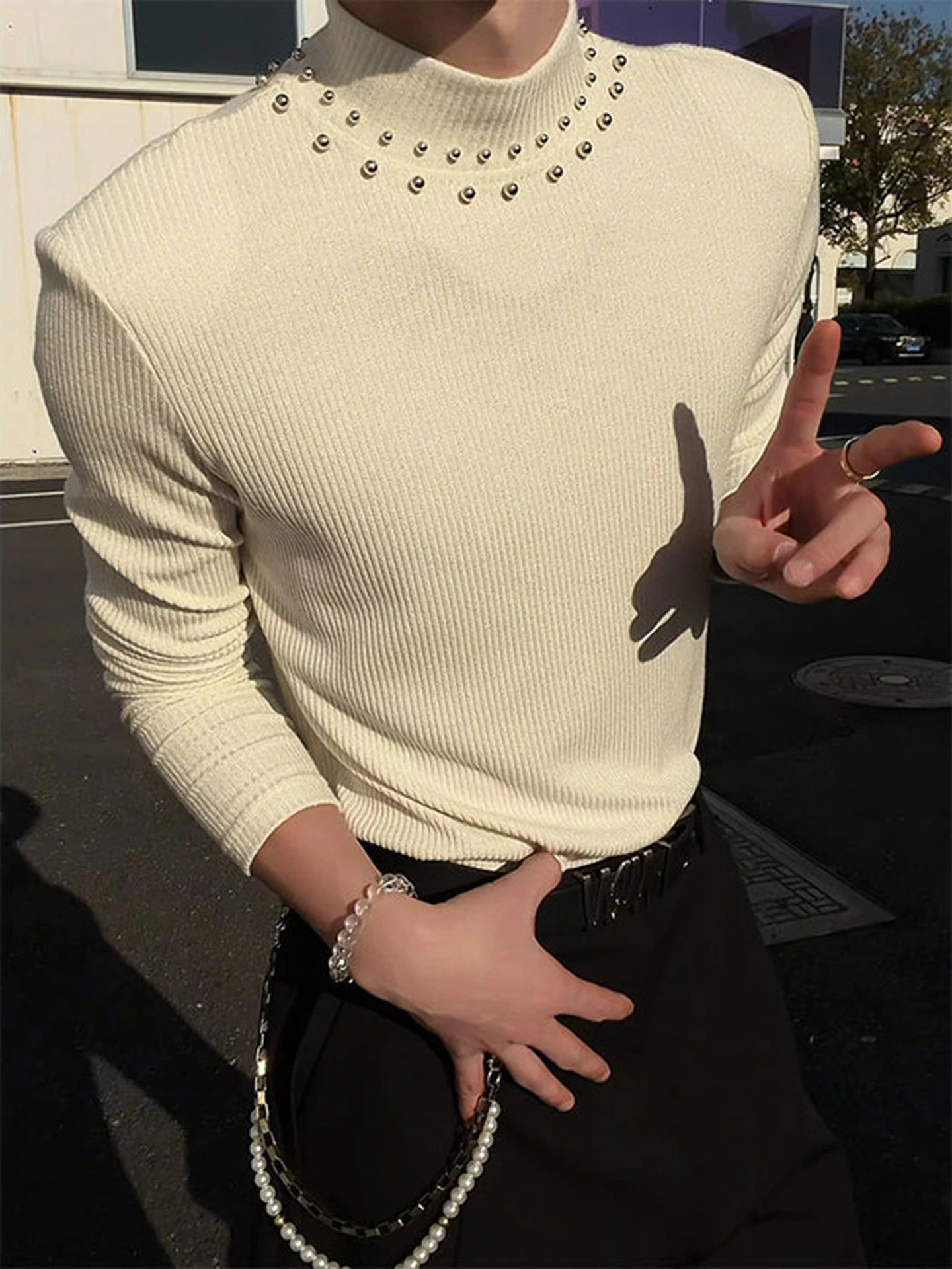 

oulder Padded f High Collar Pearl Knit Sweater Men's Winter American Retro Design Base Layer irt Casual Sle Knitted Top