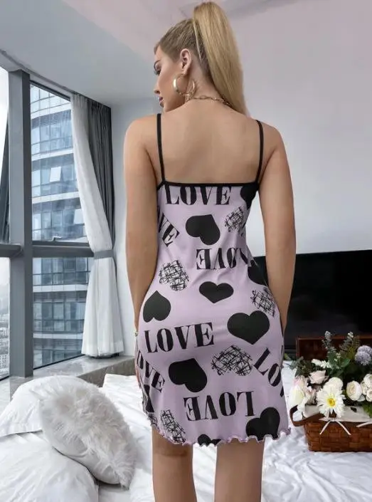 Summer New Nightgown Beauty Back Thin Section Of Home Wear Sexy Halter Short Skirt Love Cartoon Cute Printing Pajamas Nightgowns