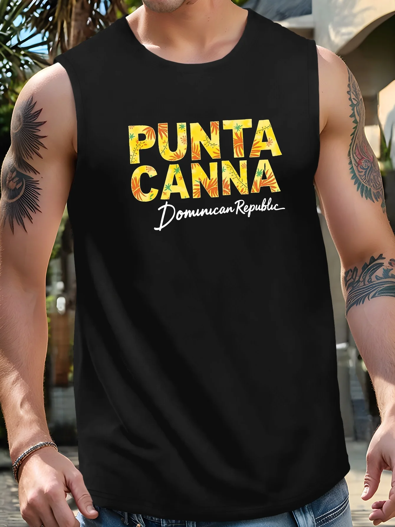 PUNTA CANA - Men's sleeveless tunic from the Dominican Republic - Brownish-brown geometric design