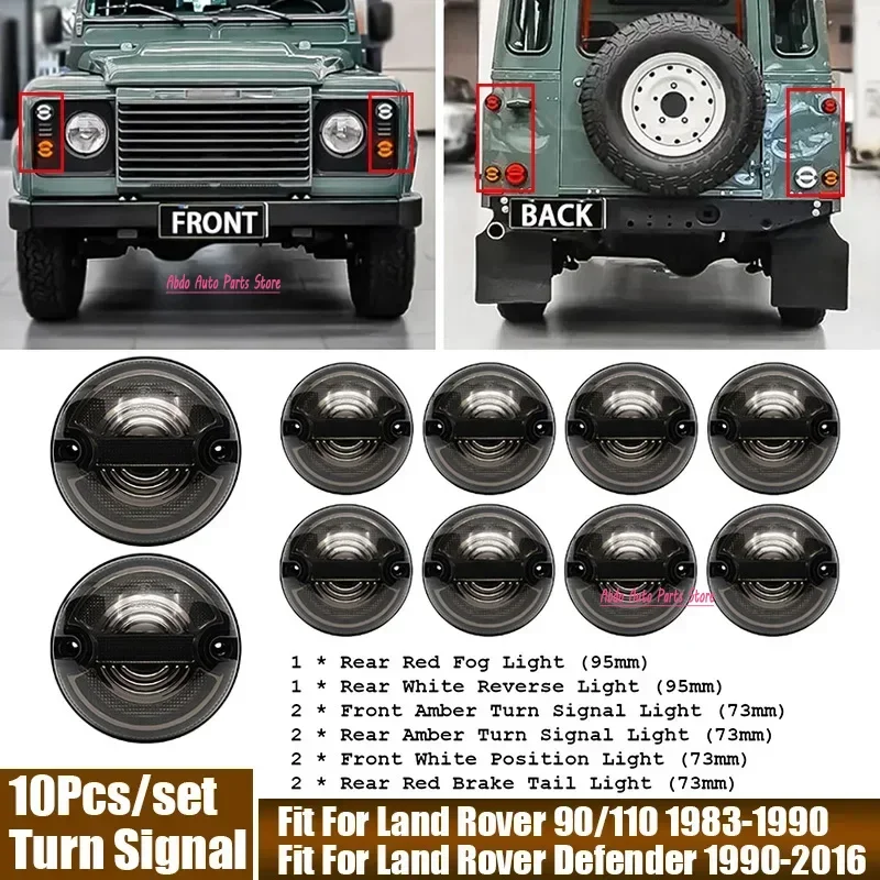 Abdo 10Pcs Car LED Turn Signal Tail Light Fit For Land Rover 90/110 1983-1990/ Defender 1990-2016 Smoked Shell Front Rear Signal
