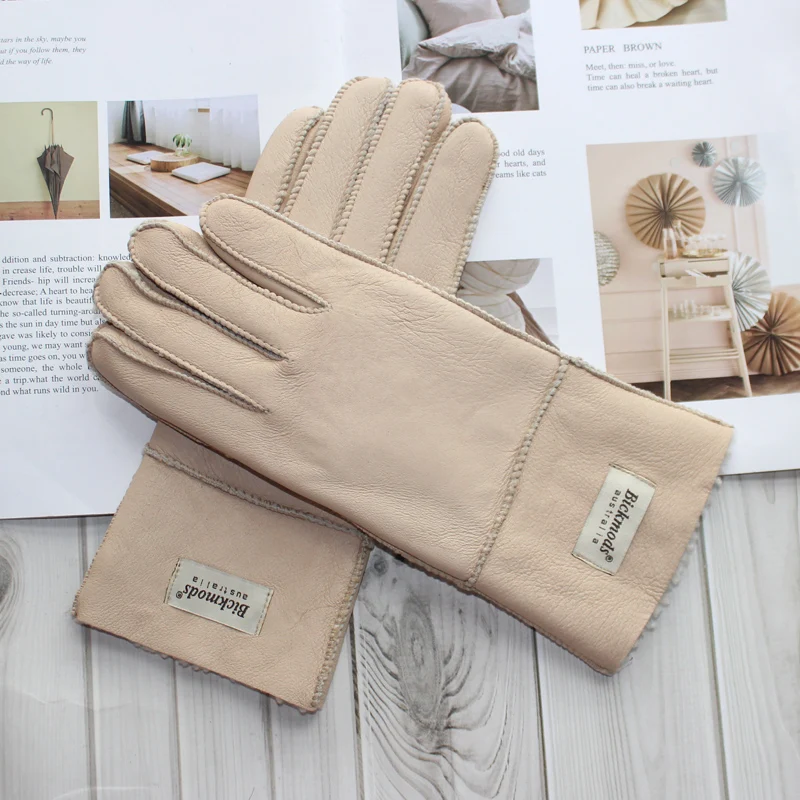 New winter women\'s sheepskin fur gloves Thickened warm wool lining windproof leather driving gloves