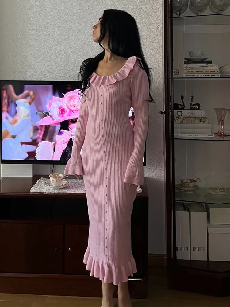 TARUXY Ruffled Knit Long Dress For Women Lapel Slim High Waist Single  Breasted Sweater Maxi Dress Elegant Ladies Party Dresses - AliExpress  200000345