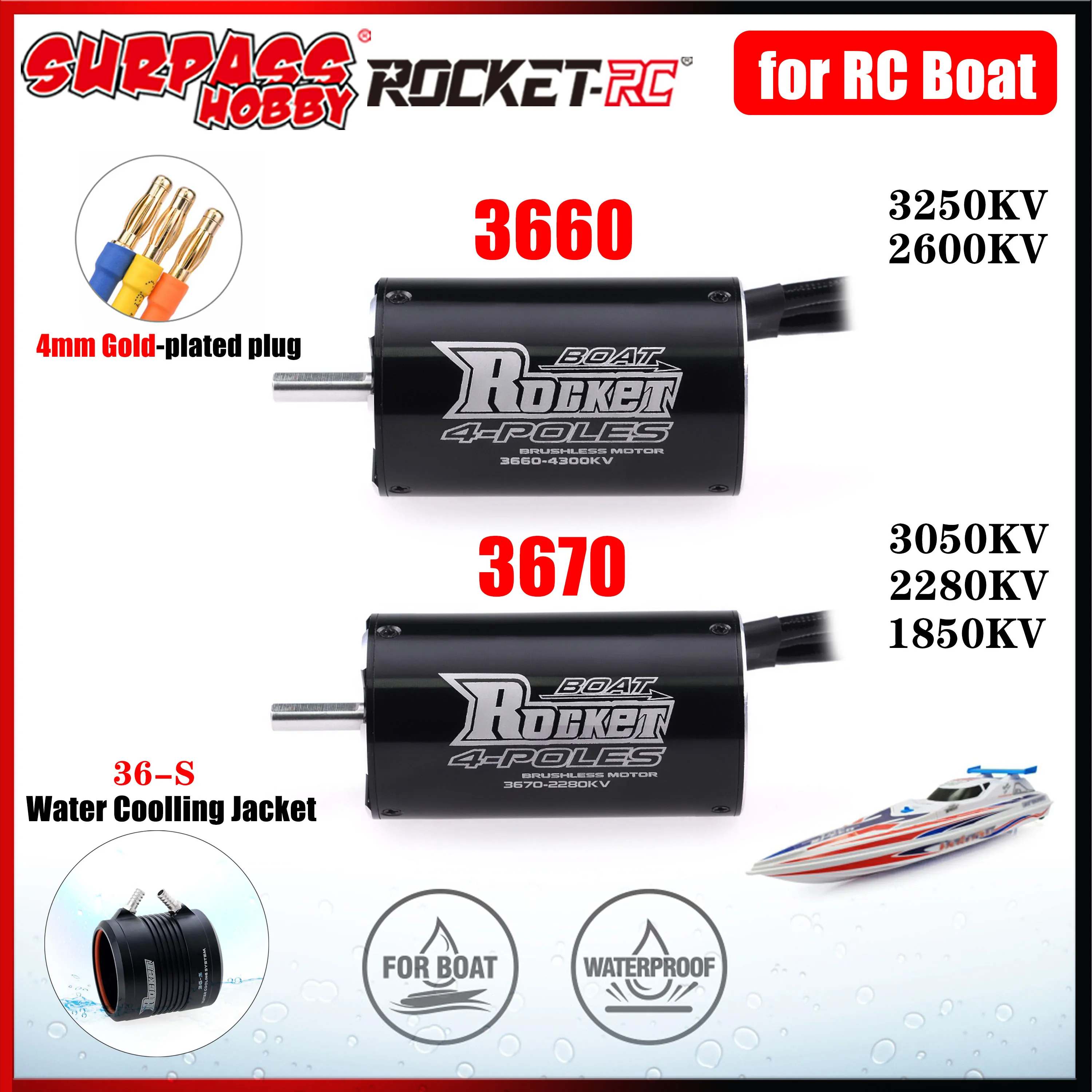 

Rocket RC 3660 3670 Waterproof Brushless Motor 3250KV 2600KV 1850KV 3050KV 36-S Water Coolling Jacket for RC Boat Feilun Traxxas