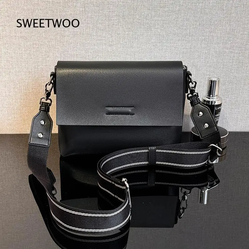 Minimalist Flap Square Shoulder Bag For Women Soft PU Leather Removable Striped Wide Strap Crossbody Handbag