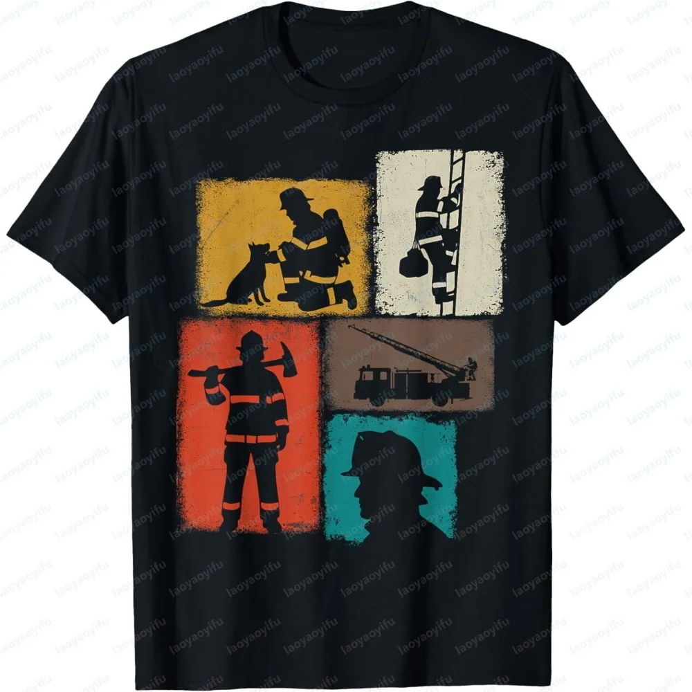 Vintage Collage Firefighter Fireman Real Hero Men's Clothing Fashion Men T-Shirt Summer Short Sleeve Casual for Fireman Tee Top