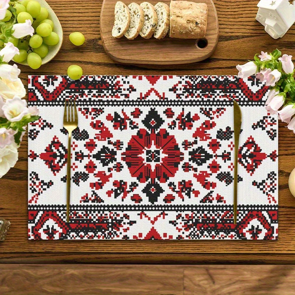 Linen Placemats, Featuring a Red Geometric Design, Measuring 12 by 18 Inches, Perfect for Decorating Dining Tables at Home