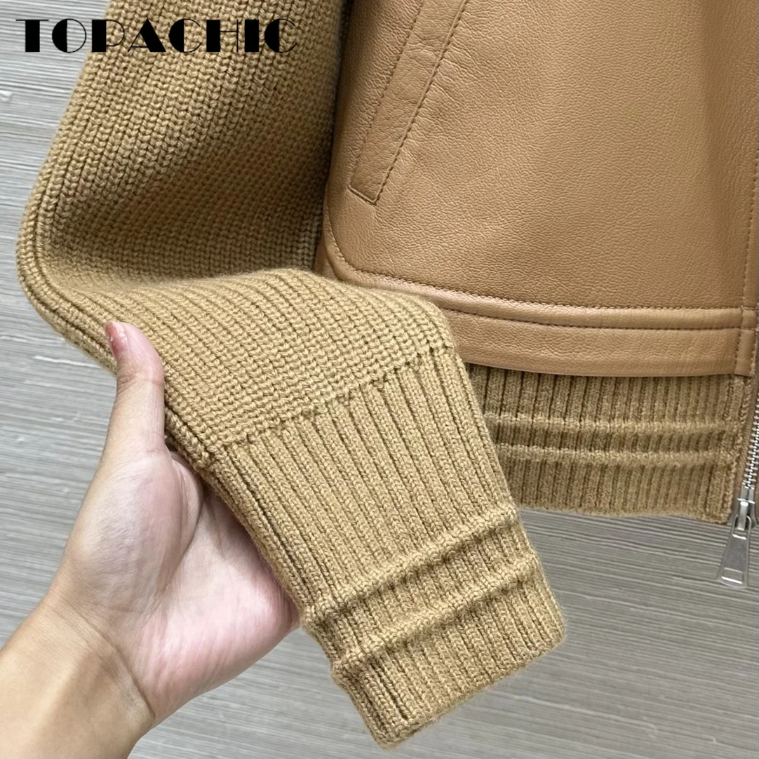 9.1 TOPACHIC-Women High Quality Coarse Yarn Knit Long Sleeve Spliced Genuine Leather Jacket Casual Straight Sheepskin Zipper