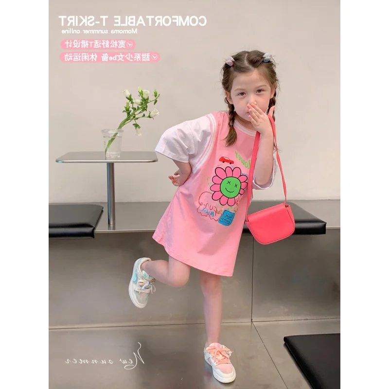 

Girls' Dress Summer Fashionable Sports Children's Fake Two PiecesTT-shirt Mid-Length Baby Summer ClothingtDress Princess Dress