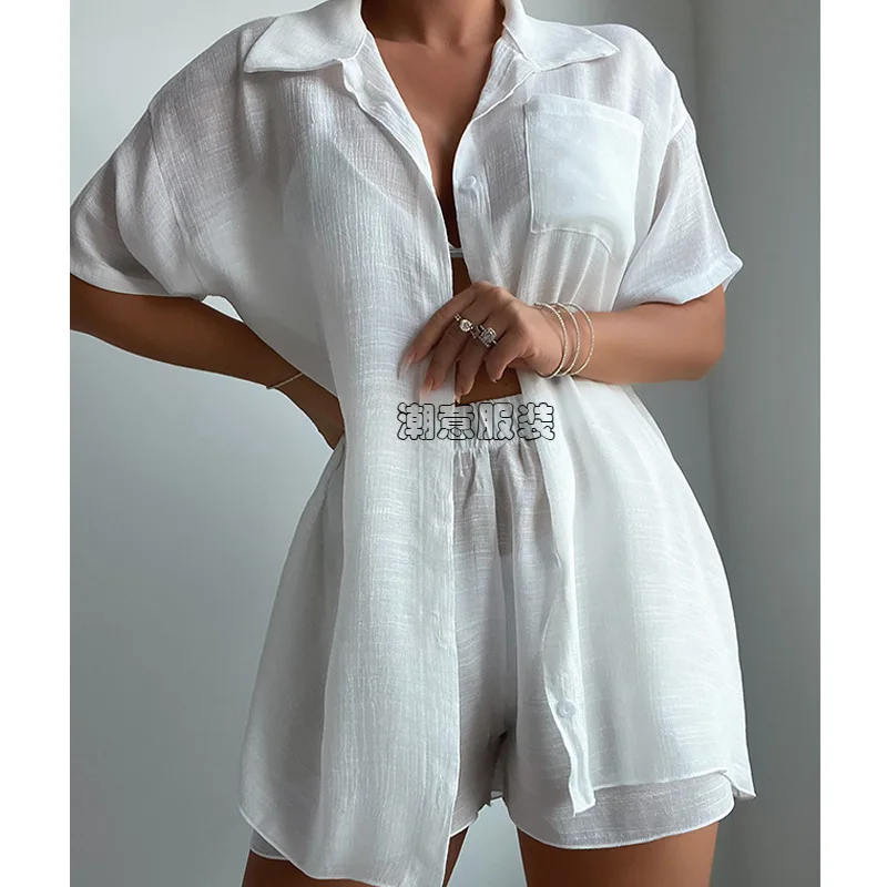 Strandvakantie Effen Kleur Shirt Met Korte Mouwen Casual Zomer Nieuw Losse Zonbeschermingspak Strandzwempak Met Korte Sets