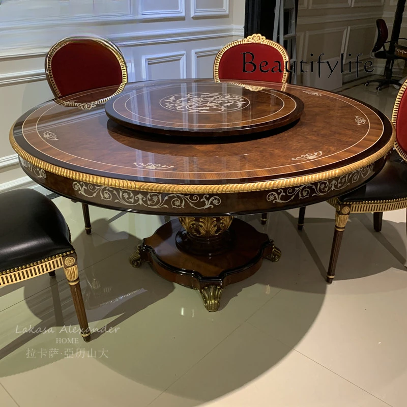 European French light luxury round dining table Solid wood round dining table with turntable 10 people 1.5 meters dining table