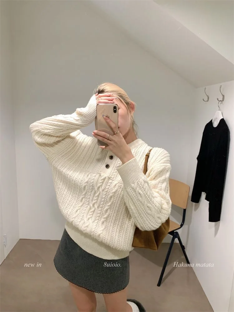 

2025 Новый свободный пуловер, вязаный женский свитер в стиле ретро, пуловер с круглым вырезом в стиле преппи, трикотаж