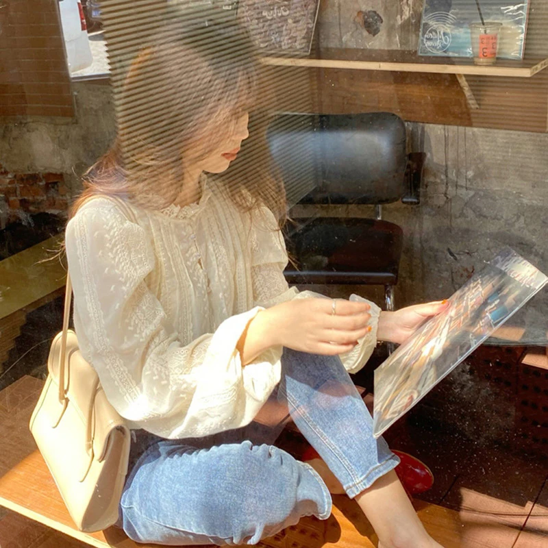 Camicetta elegante da donna in pizzo nuova primavera autunno manica lunga camicia casual da ufficio allentata colletto alla coreana da donna top semplice