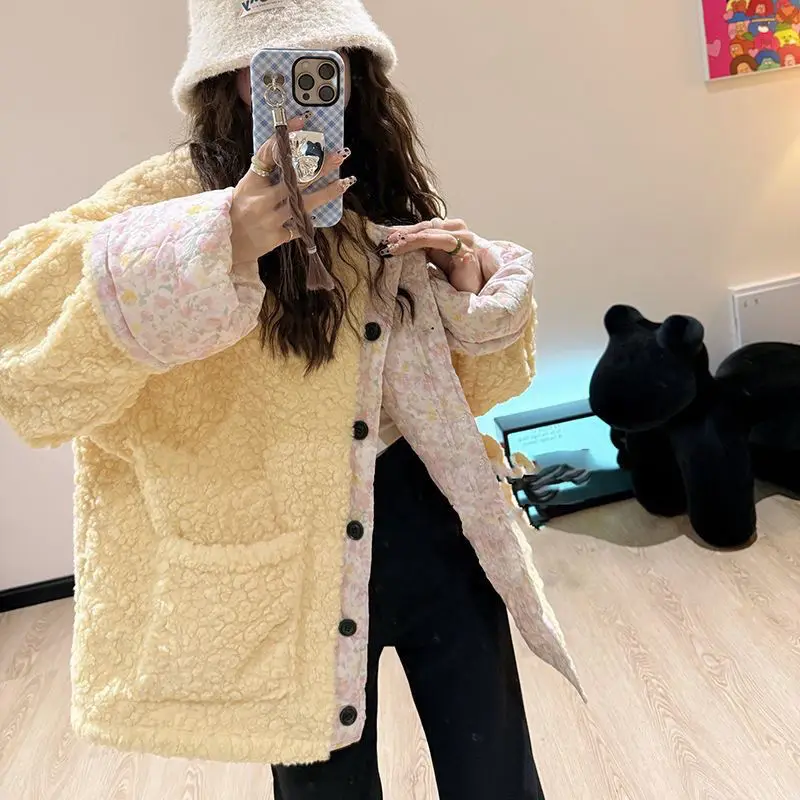 2024 Winter New Reversible Lamb Velvet Jacket Mickey Minnie Floral Printed Kawaii Warm Women Loose Thick Plush Cotton Coat Gifts