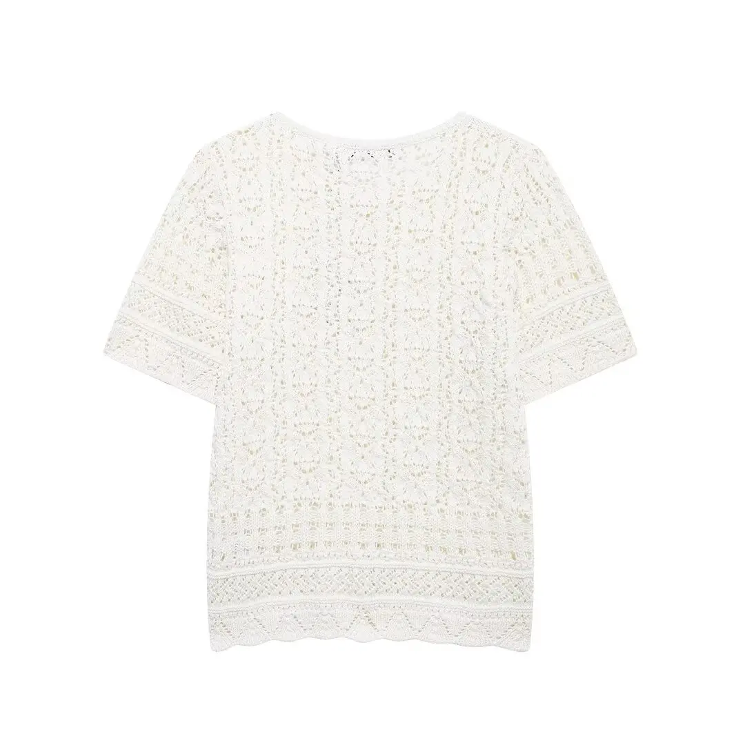 Tangada 2024 Summer Women Crochet Knitted Sweater Short Sleeve Female Crop Pullovers 3H0748