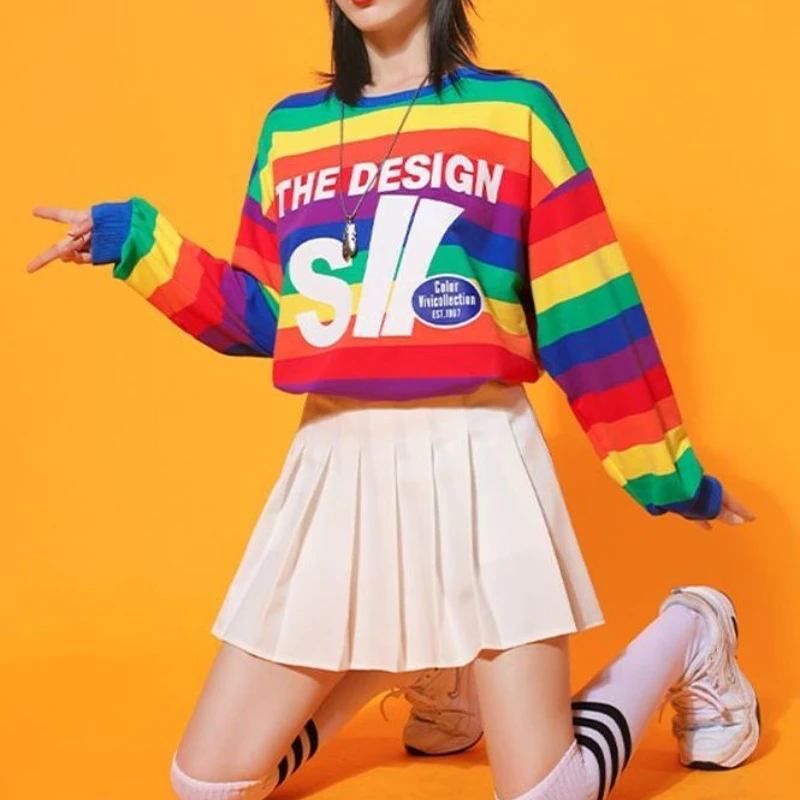 

Rainbow Striped Short Pullover Sweatshirt Women's Top Long Sleeve Sweatshirt Casual Crew Neck Warm Jumper Autumn Hoodies Clothes