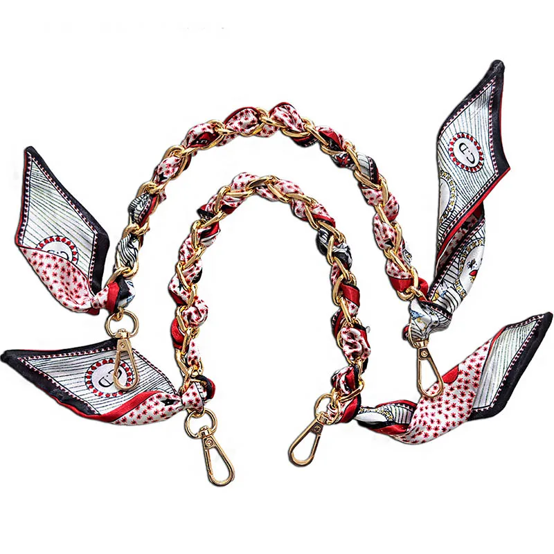 45cm Bag Handle Silk With Metal Chain Women Fashion Handbag Handle Decoration Tie Multi Function Hand Ribbon Purse Bag Straps