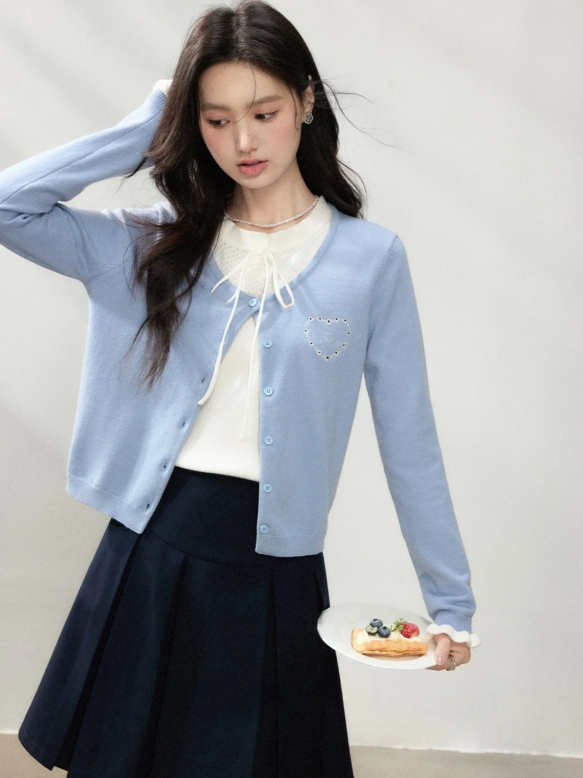 

Blue Knitted Fake Two-Piece Pullover Korean Sle Splicing Spring Summer Casual Loose Fit Long Sve round Ne Top for Women