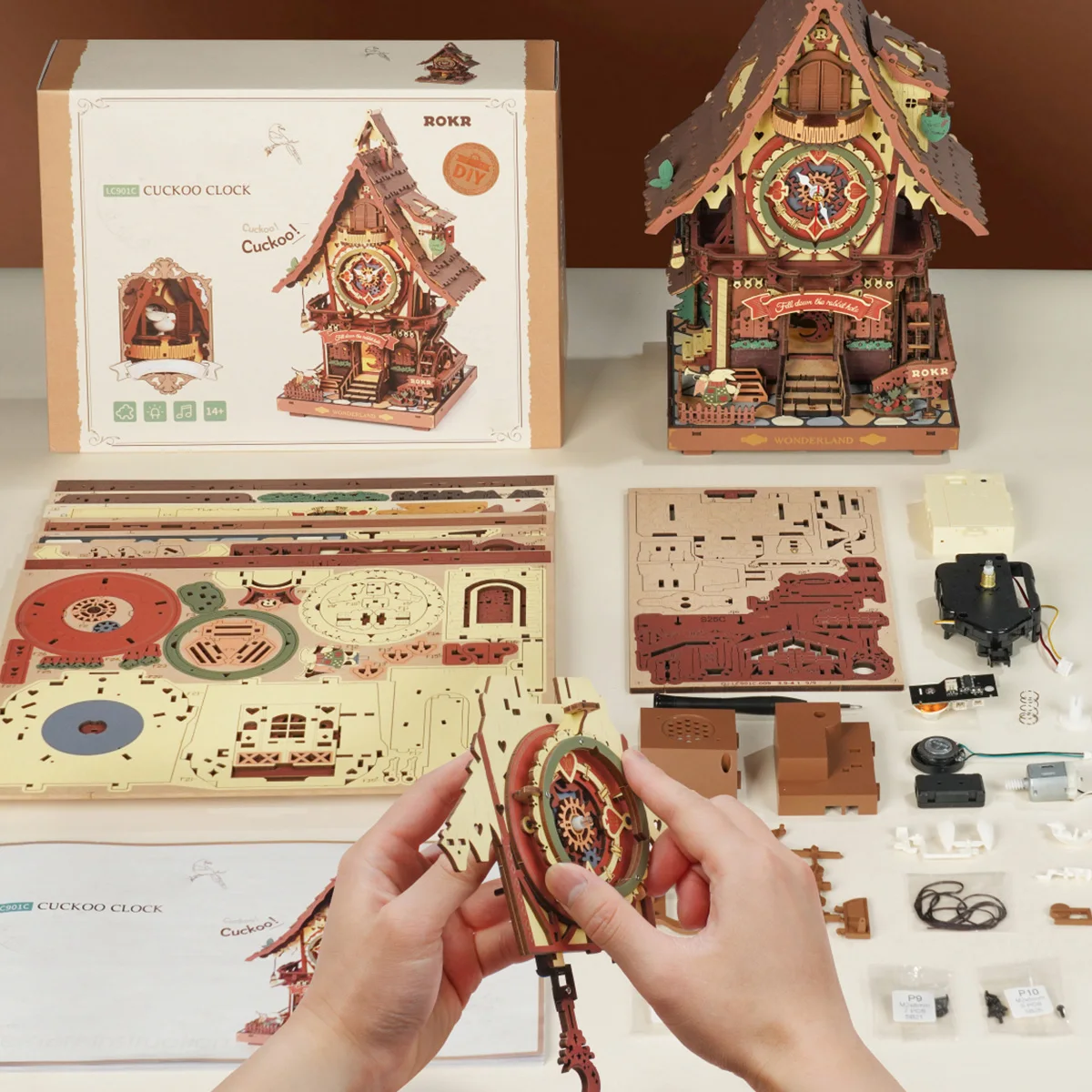 Robotime ROKR – horloge coucou mécanique 3D, Puzzle en bois, horloge murale pré-colorée, Kits de blocs de construction, décoration de maison, beau Design