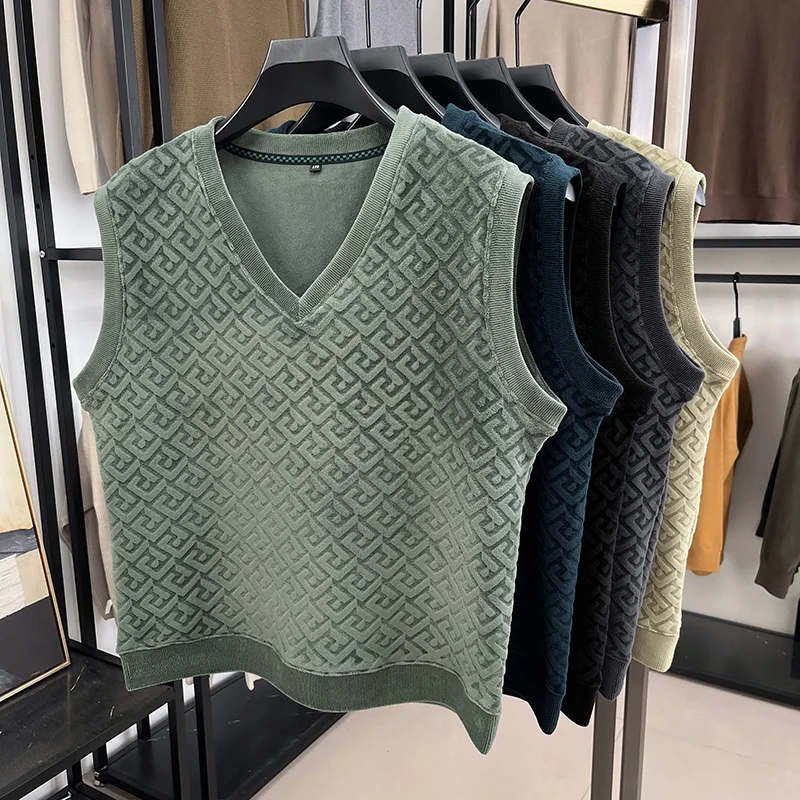 เกาหลีแฟชั่นผู้ชายหนา Jacquard รูปแบบเสื้อกันหนาวหรูหรา Pullover 2024 ฤดูใบไม้ร่วงฤดูหนาวแขนกุดชายเสื้อกั๊กจัมเปอร์