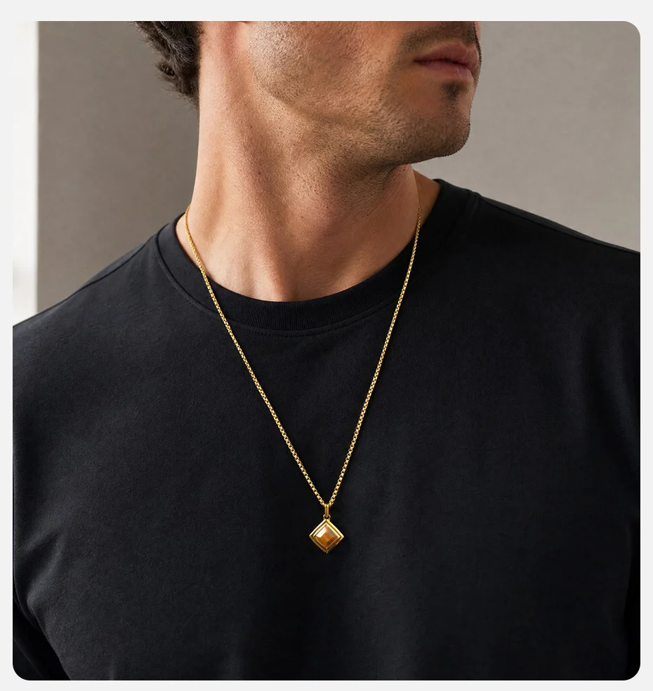 Vnox Rhombus-Anhänger-Halskette für Herren, Edelstahl, 60 cm, Kastenkette, natürlicher Tigerauge-Türkis-Stein, täglicher Punk-Schmuck, Geschenk – Detail 2